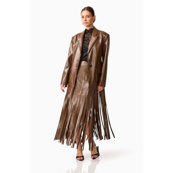 Elliatt Dresses & Skirts - ELLIATT Vegan Leather Fringe Suit Set – Brown Blazer & Maxi Skirt size S NWT